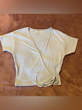 Madewell baby blue ribbed Wrap Short Sleeve Top